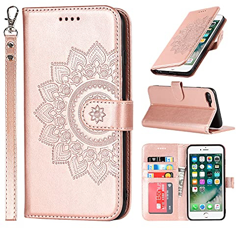 ELTEKER Handyhülle für iPhone 7 Plus, Hülle iPhone 8 Plus Klapphülle, [3 Kartenfächer] [Magnet Verschluss] Eleganter Prägung schutzhülle Ledertasche Hülle für iPhone 7 Plus/8 Plus, Roségold