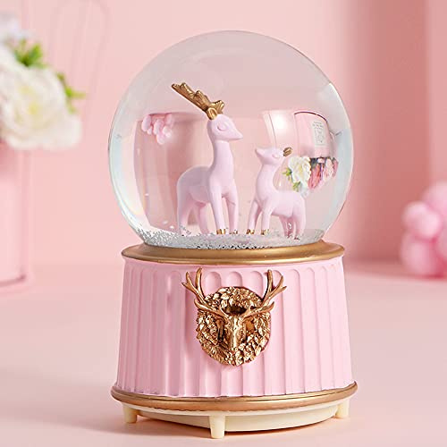 Schneekugel Elch Kristallkugel mit Musik Glaskugel Leuchtend Schüttelkugel mit Schneeflocken Traumkugel Musikbox Deko Glimmerkugel Schutzengel Glitzerkugel Geburtstag Weihnachten Geschenk (Rosa)