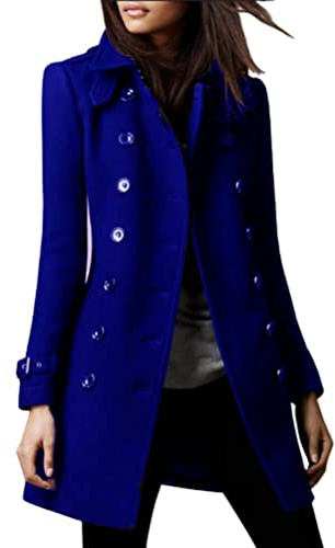 Onsoyours Veste en Laine Femme Revers Manteau À Manches Longues Trench Coupe-Vent Blazer Long Parka Blouson Mode Élégant Long Veste OL Chaud Couleur Unie Cardigan Coat Outwear A Bleu L