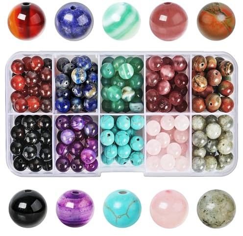 SOSMAR 200 Stück Natürliche Edelsteine ⌀ 8mm rund Perlen für Armbänder Halsketten Schmuck Basteln Auffädeln, 10 Sortierte Steinperlen Edelsteinperlen (Stil B)