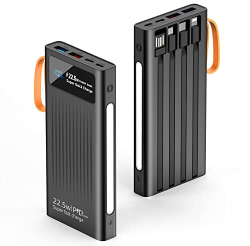 Portable Charger with Built in Cables,10000mAh Power Bank with LED Lamp Fast Charging 3.0 USB C External Battery Pack Phone Charger with LED Display for iPhone, Samsung and Cell Phones (Black)
