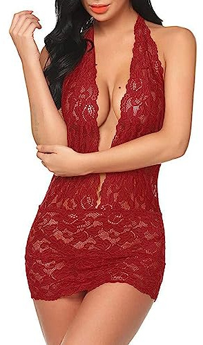 VicSec - Babydoll sexy in pizzo per donna, trasparente, camicia da notte in rete, scollo a V profondo, mini abito halter, monopezzo con perizoma, per pigiama, abbigliamento da notte, nuziale