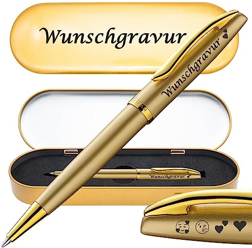 Juwelier Schönschmied PeIikan Kugelschreiber mit Gravur | inkl. Etui gold mit Wunschgravur (Platz für 10 Stifte) | Emoji Gravur | Jazz Noble Elegance Gold