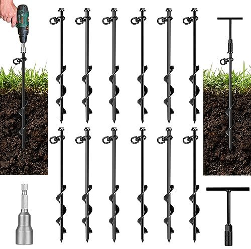 FAURIMMER 12 Pack Ground Anchor Heavy Duty Earth Anchors with T Handle Hex Wrench & Power Nut Driver, Metal Stakes Ground Anchors Screw in for Swing, Trampoline, Tents, Securing Animals