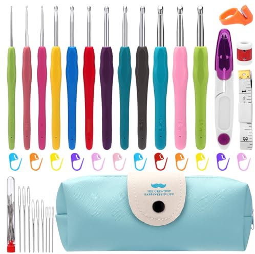 Royouzi Häkelnadel Set, 11 Stück Rutschfestes Garn Stricknadel Set, 40 Teiliges Häkelset für Anfänger mit Häkelzubehör, Ergonomisches Häkelnadel-Set aus Weichem Gummi mit Tragbarer Tasche