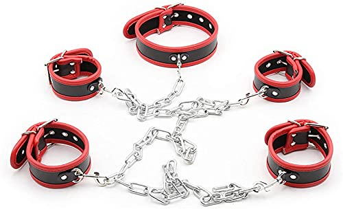 Pu Leder & Metall Sklave Sm Bondage Set Handgelenk Hand & Knöchel Manschetten Handschellen Fußschellen Halsband Kragen Fesseln Kit Fetisch Sexspielzeug für Damen & Männer,Rot,einstellbar