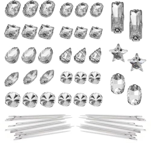 Hazrcvr Strasssteine zum Aufnähen 220 Stück Glitzersteine zum Aufnähen Acryl Edelsteine mit Loch Nähen auf Strass Klaue Flache Rückseite Strasssteine Glitzersteine mit Nähnadeln