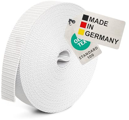 BAUHELD® 10m Universal Gurtband 40mm [Made in Germany] - Gewebe Montage-Band aus Polypropylen - Gurt zum Befestigen, Nähen oder Zubehör für Rucksack, Koffer, Steck-Schnalle, Spannriemen - Weiß