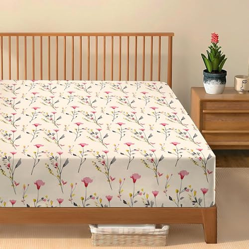 100% Egyptian Cotton Floral Printed Single Fitted Sheet 400 Thread Count 30cm Deep Pocket Corner Elastic Soft Breathable Hotel Quality Luxury Bedding Easy Care