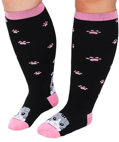 PUTUO Wide Calf Compression Socks: Plus Size Compression Socks for Women with Cat Pattern Medical Compression Stockings for Men for Support Flight Varicose Pregnancy 20-30 mmHg 6XL 1 Pair
