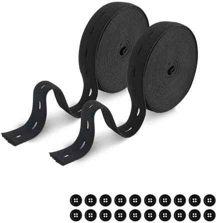 2 rullar elastiskt gummiband sömnad, knapphål gummiband brett och elastiskt band totalt 20 m, brett gummiband 20 mm med 20 knappar, polyester elastiskt band för bälte, byxsnöre (svart)