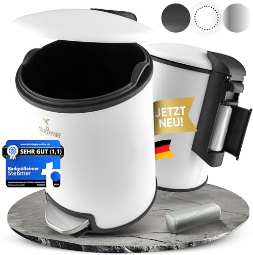 Stessmer Badezimmer Mülleimer klein 5 Liter – kleiner Mülleimer Bad, Treteimer mit Deckel, Beutelfach, rutschfest, Soft‑Close, geruchsdicht, Edelstahl/Schwarz/Weiß – Badmülleimer/Kosmetikeimer fürs WC