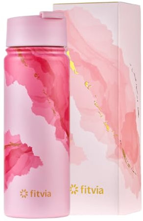 fitvia Pink Power pink-gold Thermoflasche 500 ml – isolierter Edelstahl-Trinkbecher mit floralem Watercolour-Design, integriertem Teesieb, langlebig, für heiße und kalte Getränke