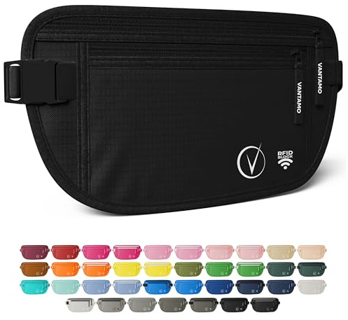 Vantamo Sac Banane Femme Ultra Fin avec Protection RFID, Antivol Banane Homme avec Sangle Réglable, Ceinture Course à Pied Légère pour Voyage et Sport, Pochette Secrète pour Telephone et Passeport