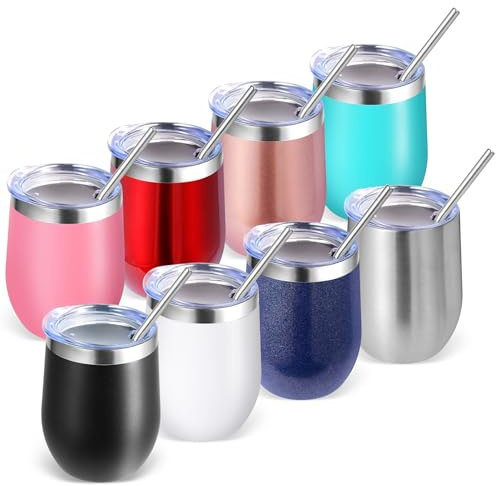 Volhoply Taza de vino de acero inoxidable de 350 ml con tapa, paquete de 8 a granel, copas de vino sin tallo al vacío de doble pared, taza de café de viaje de metal reutilizable con pajita, vasos