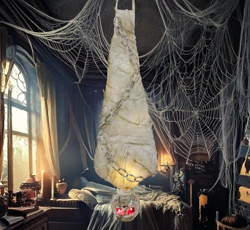 FIESTAS GUIRCA | Mumie mit Licht Hängefigur (75 cm) - Gruseldekoration für Halloween und Skelettpartys - Ideal für schauriges Zubehör und Horrorfeiern - Grau und Weiß