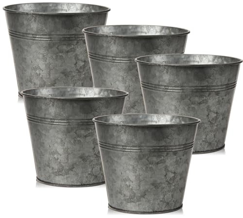 Oairse Set of 5 Plant Pots Outdoor 15x18cm Vintage Galvanised Planter Garden Metal Plant Pot Decorative Zinc Round Bucket Flower Pot Rustic Container for Plant Home Modern Farmhouse Indoor Outdoors