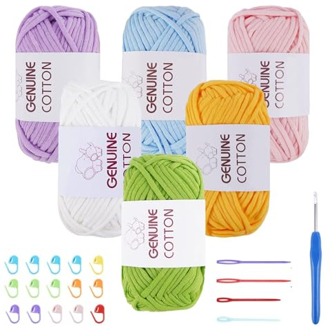 FOGAWA Chunky Yarn for Crochet 6x50g Crochet Yarn for Beginners Cotton Yarn Thick Wool Easy Knitting Yarn for Crafts Amigurumi with 4mm Crochet Hook 4 Plastic Needles 15 Stitch Markers