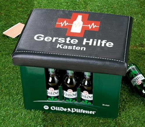 CULT at home Bierkasten Aufsatz Gerste Hilfe – Gartenhocker Bierkastensitz inkl Bierdeckel Memospiel - Sitzauflage für Bierkiste Getränkekiste - Hocker für Balkon Camping 44x34 cm Geschenk Vatertag