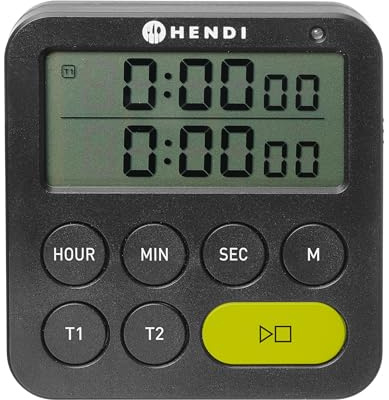 HENDI Minuteur de cuisine numérique double 100 minutes, fonction compte à rebours, décompte et mémoire, chronomètre, 3 modes d'alarme, support pliable, trou et aimant, 3xAAA, 82x20x(H)86mm, ABS