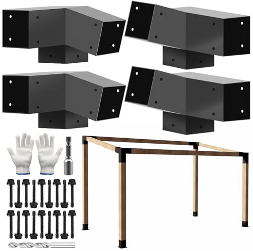 DEVALLEY 3-Way Slant Angle Pergola Brackets Kit,15 Degree UP & 75 Degree Down Right Corner Woodwork Brackets for 4 x 4 (Actual:3.5x3.5) Lumber for Patio Pergolas,Gazebos,Log Cabin - 4 Pack……