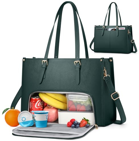 RAINSMORE Stor väska för kvinnor med lunchfack college väskor vattentät PU-läder laptopväska 15,6 tum för kontor arbete, grön, 42 cm x 30 cm x 15 cm