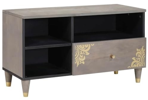 vidaXL Mueble de TV Gris 80 x 33 x 46 cm Madera de Mango Maciza, Mueble de TV Rectangular Moderno, Estante multipropósito, Almacenamiento de Medios montado en la Pared, mobiliario Que Ahorra Espacio