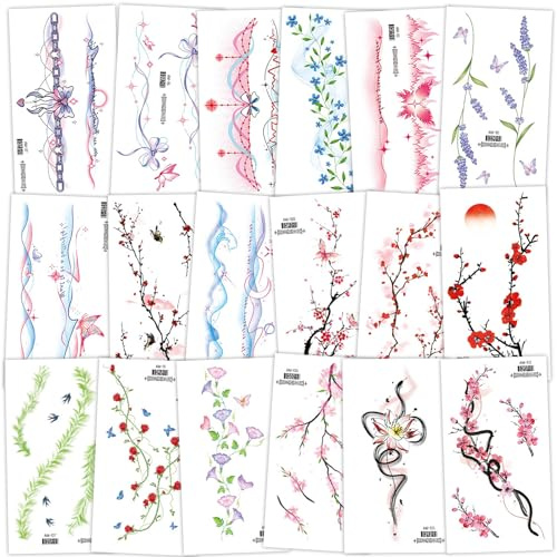 Qpout 18 Feuilles De Tatouages Temporaires Aquarelle pour Femmes Et Filles, Tatouages Autocollants De Fleurs Sauvages RéTro à Longues Branches, Vigne De Rose Sexy, Feuilles D'Art Corporel