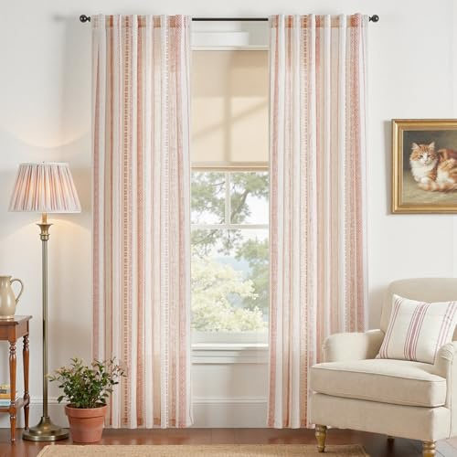 jinchan Linen Blend Boho Curtains for Living Room, 84 Inch Long Terracotta Printed on Beige Retro Farmhouse Bohemian Geometric Striped Drapes, Light Filtering Back Tab Curtains 2 Panels