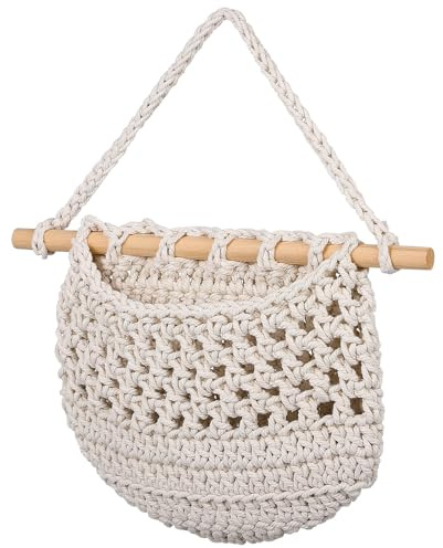 Panier Mural à Fruits Suspendu en Coton Tissé, Lot de 2 | Style Bohème à Pompons, Design Mural, Rangement Fruits et Vaisselle, Blanc, Maison, Salon, la Cuisine