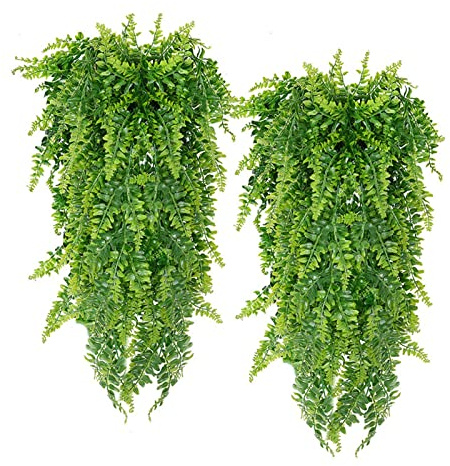 Qcwwy Helechos Falsos Plantas Colgantes 2 Piezas Helecho Artificial Colgante Plástico Verde Plantas Falsas para Colgar en la Pared Helechos para Interiores Exteriores Jardín Boda Hogar Cocina Balcón