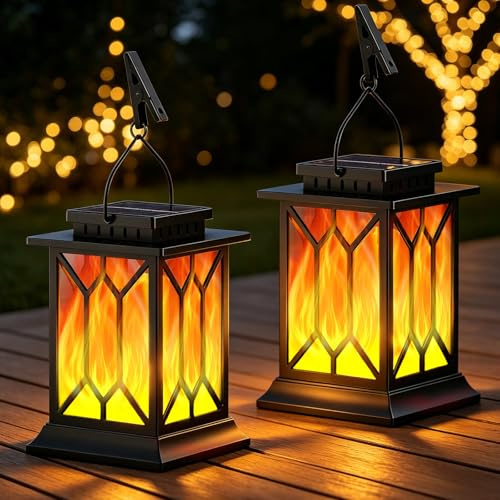 Solar Lanterns Outdoor Garden, 2 Pack Hanging Solar Garden Lanterns with Realistic Flickering Flame, IP65 Waterproof Decorative Solar Garden Ornaments for Yard , Pathway, Patio | 2 Lighting Modes