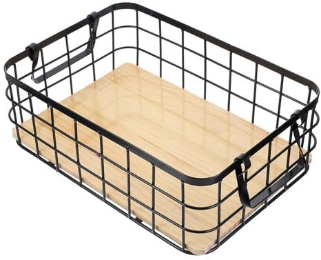 FOMIYES Cesta de Cocina Pequeña de Hierro Negro 32x22x11 Cm Base de Madera, Cesta de Almacenamiento de Alambre Metálico para Frutas y Organización en Hogar y Baño