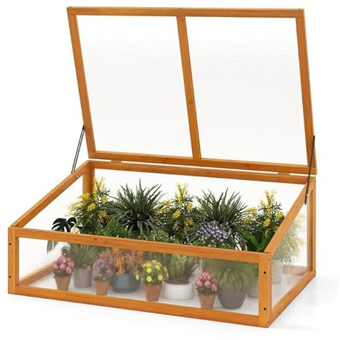 FANTASK Frühbeet Gewächshaus, 94 x 63 x 40 cm, Frühbeete Hochbeete mit Abdeckung, mini Gewächshaus, Treibhaus, Frühbeetkasten Aufsatz für Garten, Terrasse & Balkon (Orange)