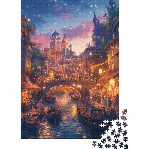 Romantic Riverside Town Jigsaw Puzzle for Adults 1000 Piece Jigsaw Puzzle Night Lights Scenery Relaxing Focus 70x50cm/1000pcs