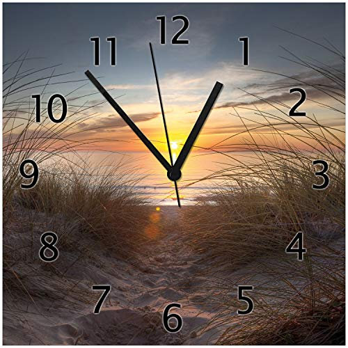 Wallario Design-Wanduhr Sonnenuntergang am Strand aus Glas, Motiv-Uhr Größe 30 x 30 cm, Schwarze Zeiger