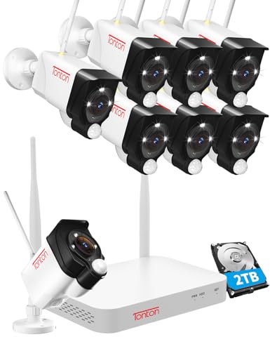 2K WLAN Überwachungskamera Set mit Gegensprechfunktion, 5MP 10CH Wireless NVR 8x3MP Kabellose Outdoor Überwachungskamera, PIR Personen Erkennung, Wasserdicht, Spotlight Warnung, Work with Alexa, 2TB