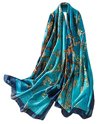 Trillion London® - Sciarpa in seta da donna, firmata, collezione primaverile, leggera, scialle avvolgente, beige, adatta per la vita quotidiana e viaggi, finitura liscia e morbida, floreale blu,