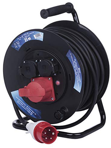 EMOS - CEE-Kabeltrommel 25m - 3 Steckdosen (1 CEE, 2 Schuko) - wasserdicht - 230 V/400 V, 13 A, 3000 W/5000 W - Gummi-Isolierung - H07RN-F 1,5 mm2 - IP44 für Außenbereich & Camping