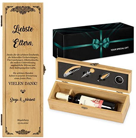 Maverton Weinbox für 0,7L Weinflasche - Wein Holzbox personalisiert + 4er Weinzubehör - Weinset Weinkiste - aus Bambus - Braun - Geschenk zum Hochzeitstag Paare - Danke
