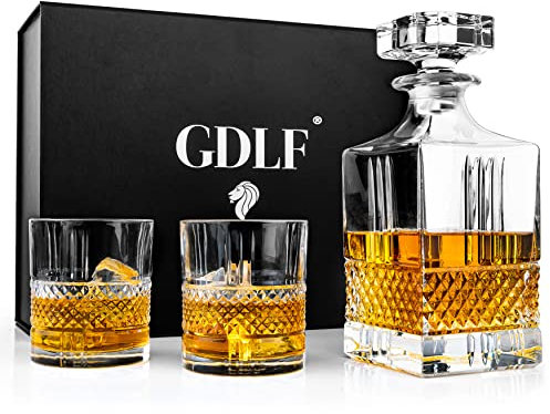 GDLF® Caraffa per whisky | Set decanter | 800 ml | Caraffa per whisky | 2 bicchieri da whisky | Regali per uomini | Caraffa per liquori o whisky | Made in Italy