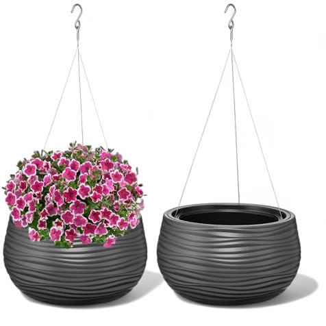 MELTOM Blumenampel Blumentopf Herausnehmbaren Einsatz Rund Wellen 3D Effekt mit Aufhängung (Anthrazit)