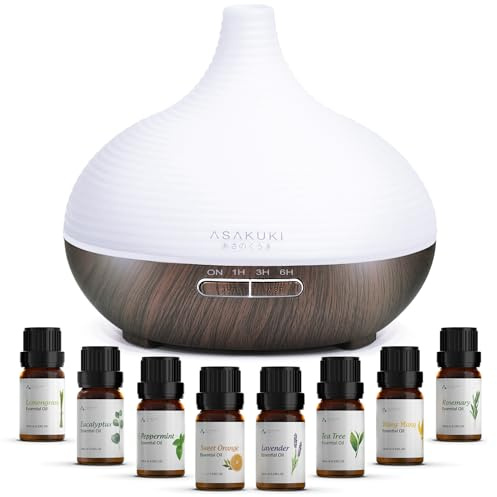 ASAKUKI 300ml Aroma Diffuser mit 8 * 10ml Ätherische Öle Set | Ultraschall Luftbefeuchter Diffusor, Öle Diffusor mit 14 Farben LED, Klassischer Diffuser für Zuhause Büro, Geschenk