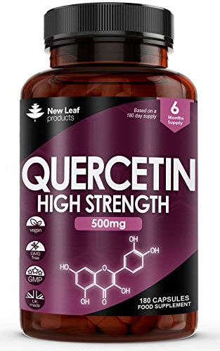 Quercetin 500mg High Strength Antioxidant Supplements (6 Months Supply) 180 Vegan Pure Quercetin Capsules Easy to Swallow - One A Day - Gluten Free & Non-GMO, Made in UK by New Leaf
