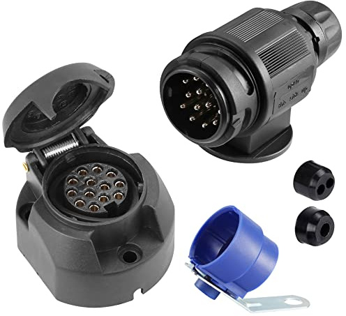 SPARKMOTO 13 Poliger Anhänger Stecker und 13 Polig Anhänger Steckdose Set,mit Blau Anhängerstecker Halter,12V Wasserdicht 13 Poliger Anhänger Stecker Steckdose für PKW KFZ RV Wohnwagen AHK(Klassisch)