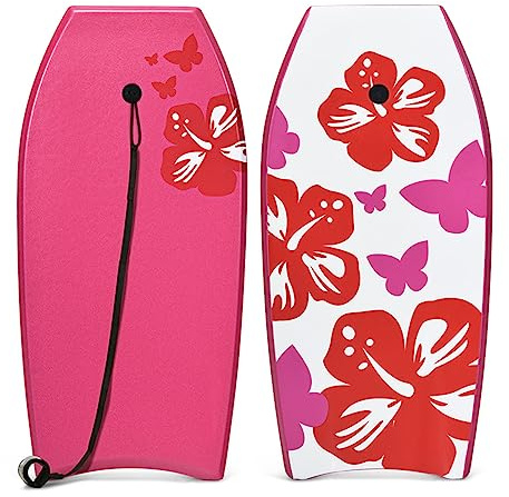 GYMAX Surfbrett 105 x 51 cm, Schwimmbrett max. Belastung: 85 kg, Bodyboard Surfboard mit EPS Schaumstoff-Kern & Zugseil, Schwimmboard für Kinder & Erwachsene (Rot)