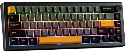 EPOMAKER EK68 Teclado Mecánico Inalámbrico/Bluetooth/USB-C. 65% Teclado con batería 3000mAh,Volumen botón,RGB,Hot Swap,para Juegos/Oficina/PC/Mac/Linux (US Negro Oro, Gateron Yellow Switch)
