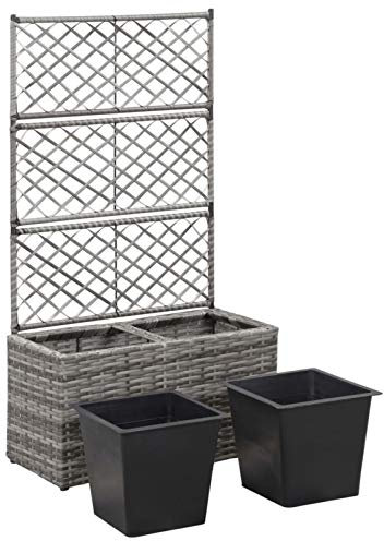Gecheer Hochbeet mit Rankgitter 2 Töpfen Pflanzkübel Pflanzkasten Blumenkübel Gartenspalier Spalier Rankhilfe Rankkasten Poly Rattan Grau 58×30×107cm