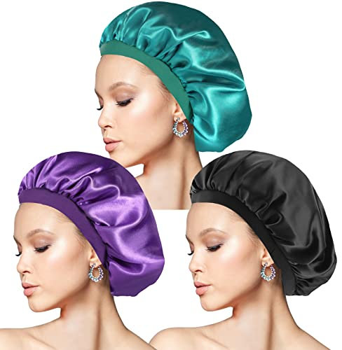 3 Stück Seidenhaube zum Schlafen, Schlafhaube Seide Elastizität Satin Haarhaube für Die Nacht Weiche Bonnet Sleep Cap für Damen(Schwarz,Violett,Cyan)