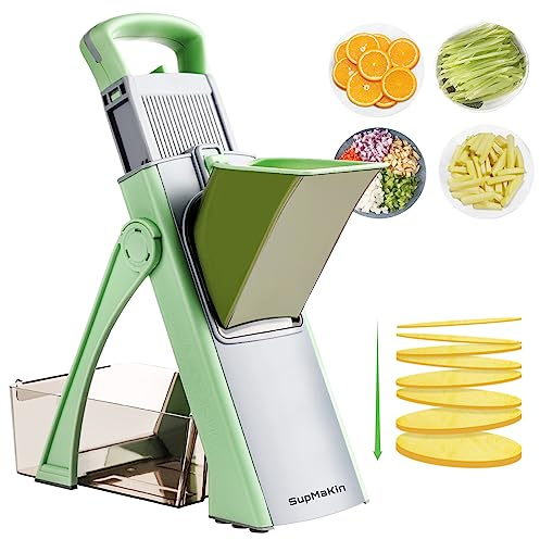 Upgrade Safe Mandoline Slicer for Kitchen, SupMaKin Bigger Entrance Vegetable Food Slice Potato Slicer Chopper, Adjustable Thickness Multi Mandolin, Julienne + Dicer Kitchen Must Haves Green